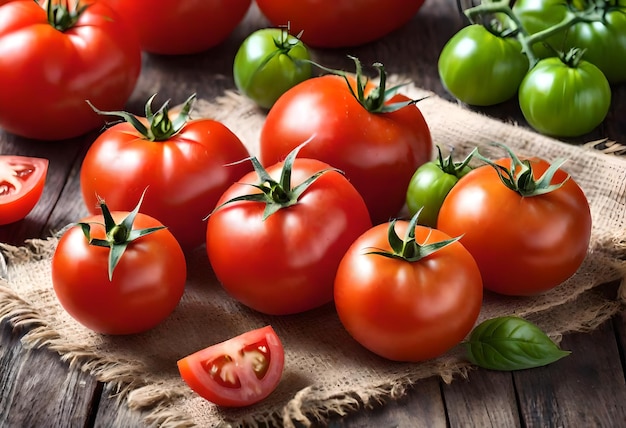 tomatoes on a wooden table with green peppers