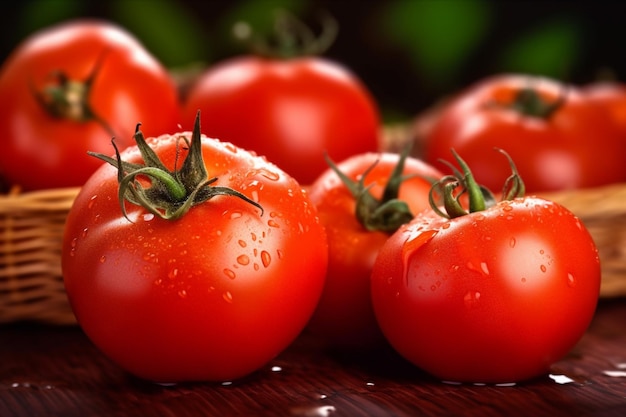 Tomatoes on a wooden table with water droplets