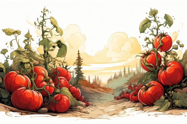 Tomatos journey from leaves to fruits shown in vector cartoon illustration on white