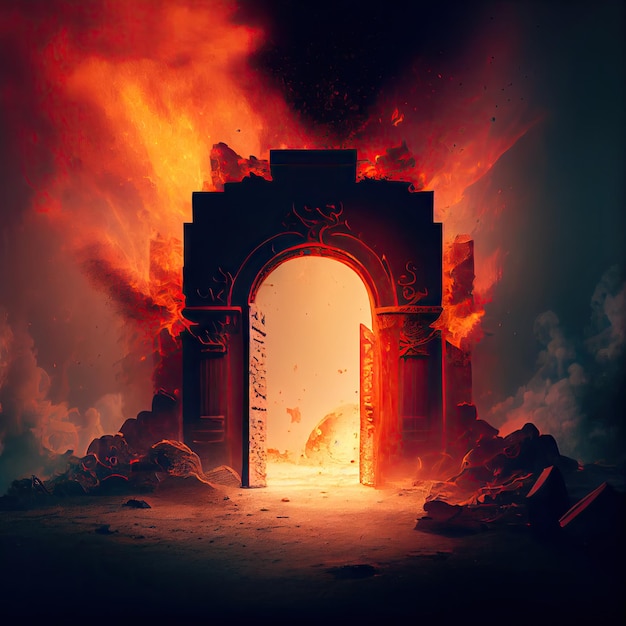 Tomb and burning gates of hell in fire and smoke