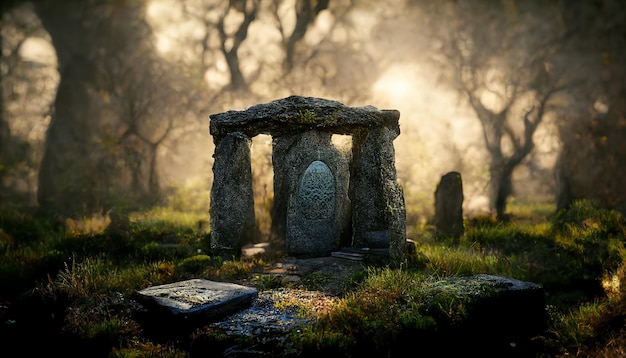 the tomb of a druidic queen, realistic, photorealism, ambient lighting