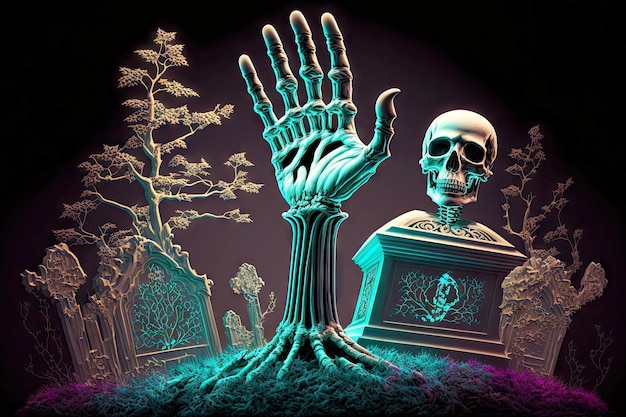 Tomb with skull and hands rising out of graves at night