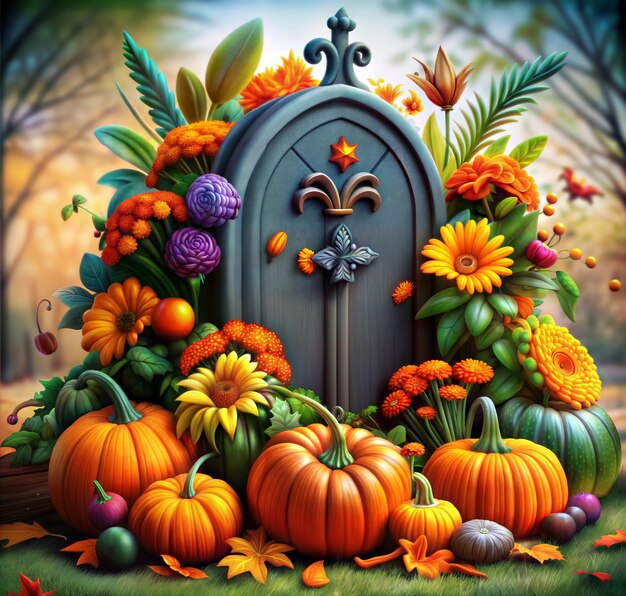 Tombstone Adorned With Pumpkins And Fall Flowers For A Festive Halloween Display