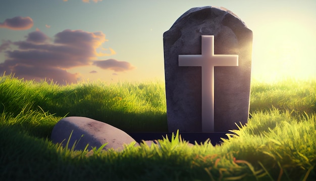 Tombstone with a cross on the hill Generative AI