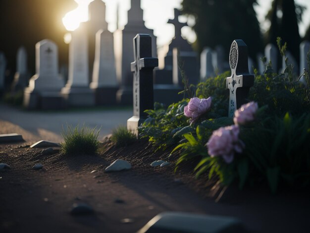 Tombstones in cemetery with flare