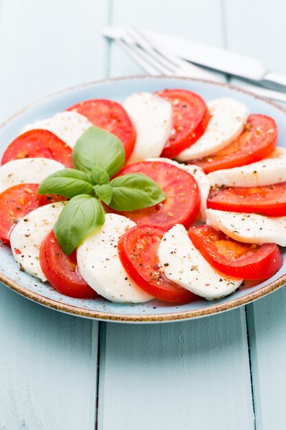 Tonatoes, mozzarella cheese, basil and spices on gray slate stone chalkboard. 