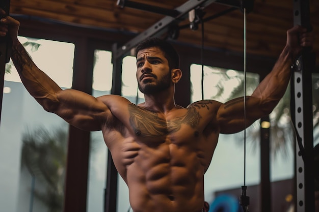 Toned Indian man with tattoos intensely working out on a cable machine at the gym