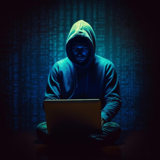 toned picture of silhouette of hacker in hoodie using laptop