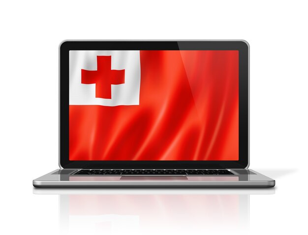 Tonga flag on laptop screen isolated on white. 3D illustration render.