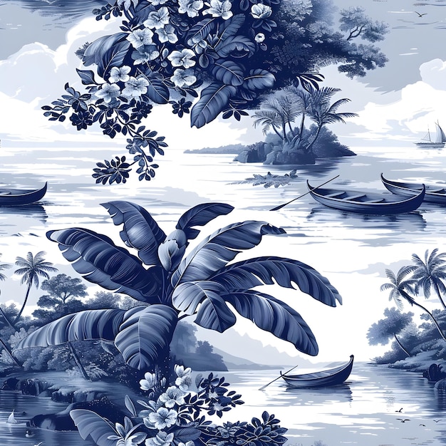 Tongan Toile de Jouy Seamless Pattern with Traditional Outrigger Canoes and Tropical Flowers