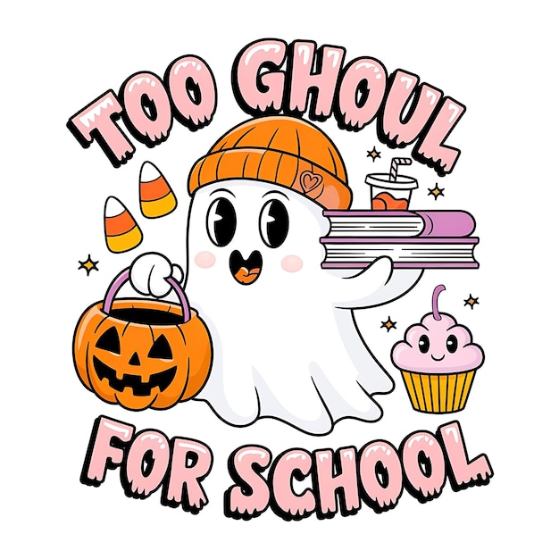 Photo too ghoul for school spooky halloween ghost with pumpkin and books cute and fun tshirt design