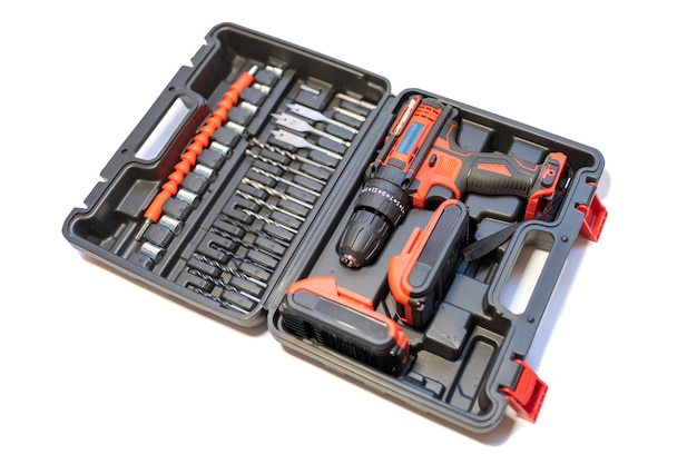 Tool case with electric drill of batteries without cables and different bits and screwdrivers