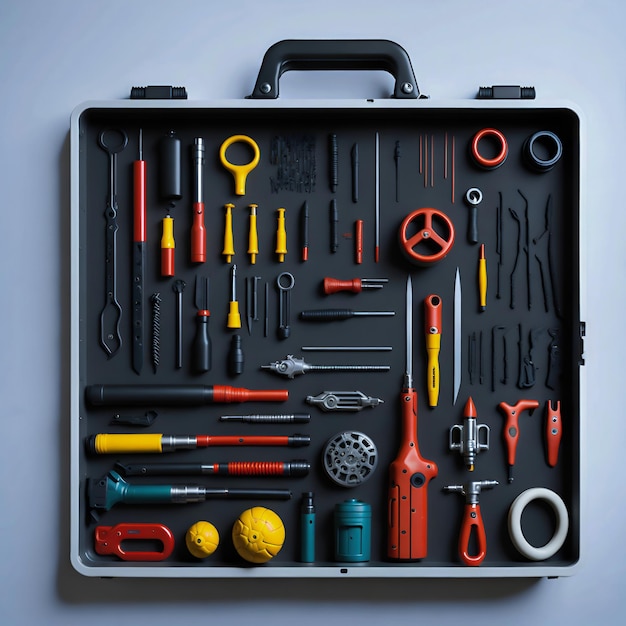 A tool case with a lot of tools including a drill, a wrench, and a screwdriver.