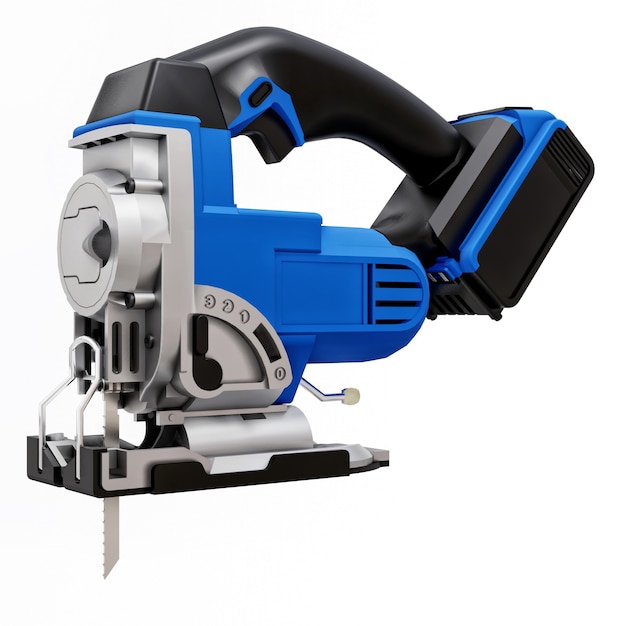 The tool is a blue electric jigsaw on a white isolated background. 3d rendering.