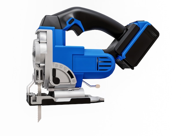 The tool is a blue electric jigsaw on a white isolated background. 3d rendering.