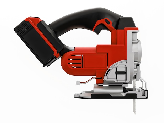 The tool is a red electric jigsaw on a white isolated background. 3d rendering.