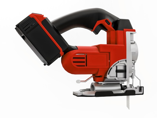 The tool is a red electric jigsaw on a white isolated background 3d rendering