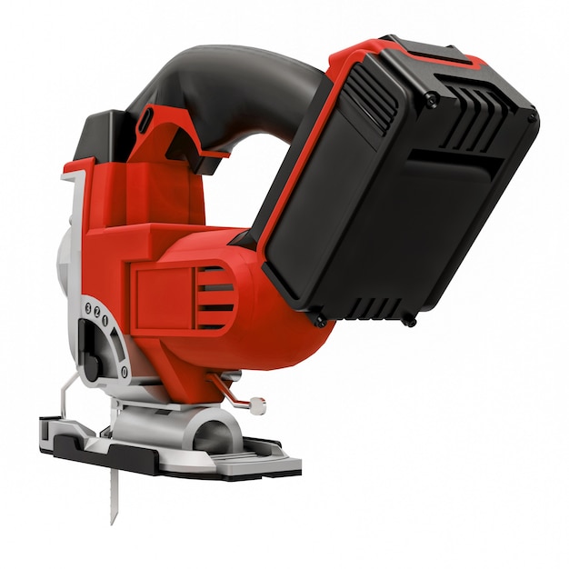 The tool is a red electric jigsaw on a white isolated background. 3d rendering.