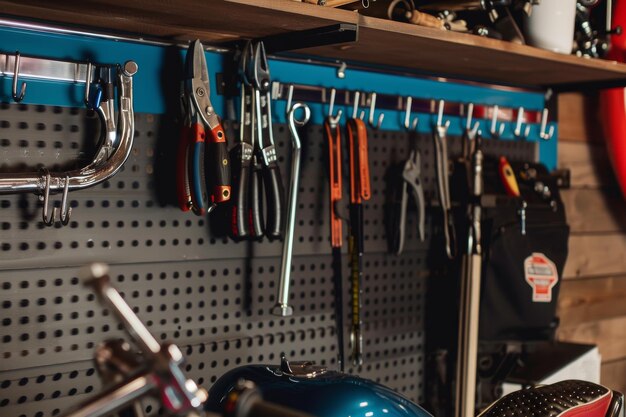 Photo tool rack in workshop tool rack full of tool hanging in motorcycle workshop