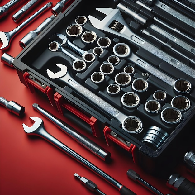 A toolbox filled with sockets and ratchets for mechanical work in a car workshop isolated on a plai