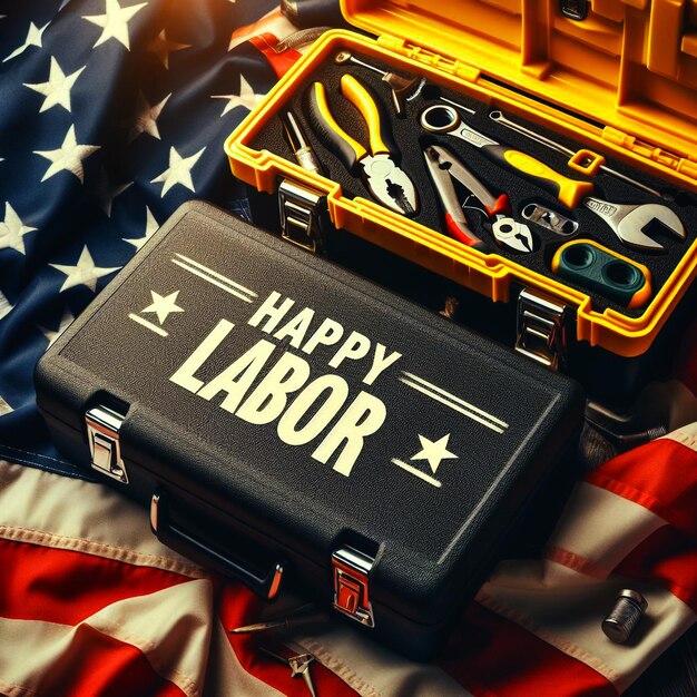 A toolbox and tools laid on an American flag with the text HAPPY LABOR DAY prominently displayed