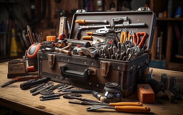 Toolbox and Tools on Wooden Table Generative AI