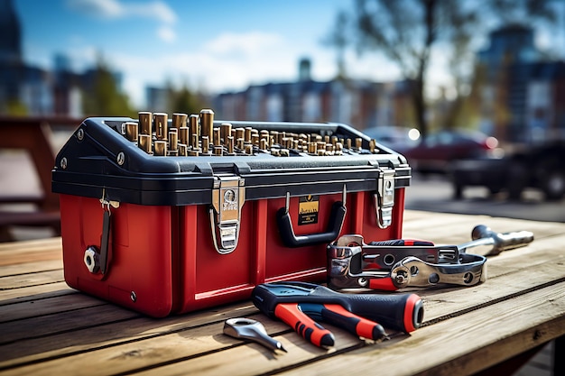 Toolbox with different tools on wooden table in front of sky background