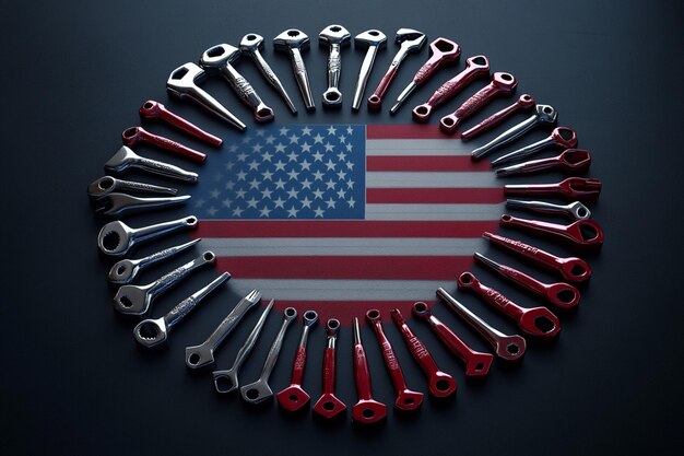 Photo tools arranged in circle with usa flag colors