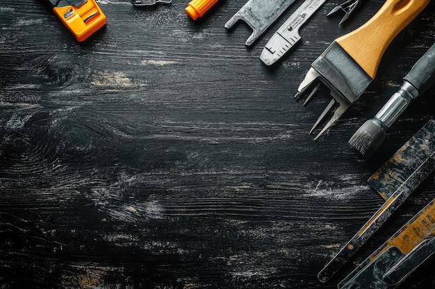 Tools for carpentry and accessories on a black wood background