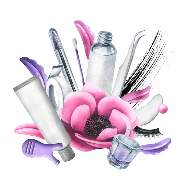 Tools and cosmetics for eyelash lamination with brushes silicone rollers anemone flower and strokes of paint Watercolor illustration hand drawn Isolated composition on a white background