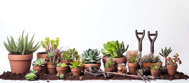 Tools for gardening and succulent seedlings on a white background Spring garden concept family hobby