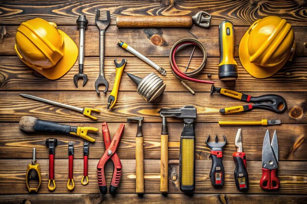 Tools Rustic Wood Background Business Construction A stilllife of tools on a rustic wood background