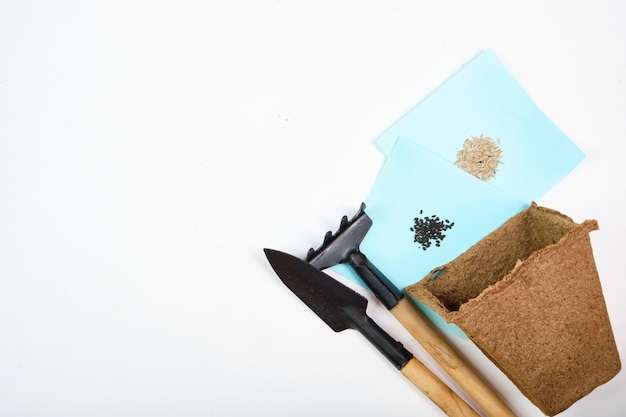 Tools, seeds, peat pots and pressed ground for seedlings. Copyspace for text, top view. Growing food on windowsill. Flatlay on white wooden space