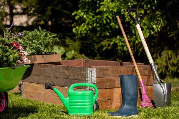 Tools for working in the garden Spring works Beautiful garden arrangements Concept for gardening