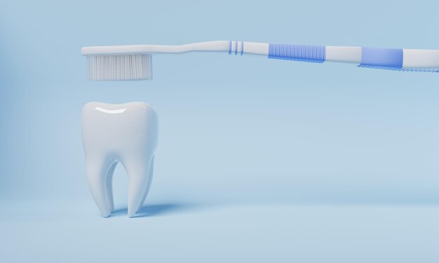 Tooth brushing by toothbrush on blue background Health care and medical concept