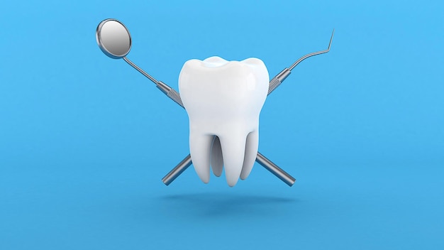 Tooth and dental mirror with hook Dentist tools On a blue background 3d render