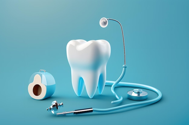 A tooth and a stethoscope are on a blue background.