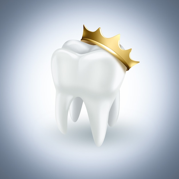 Tooth with gold crown on light background