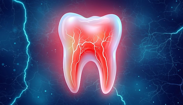 a tooth with a red background and a blue background with a star in the middle