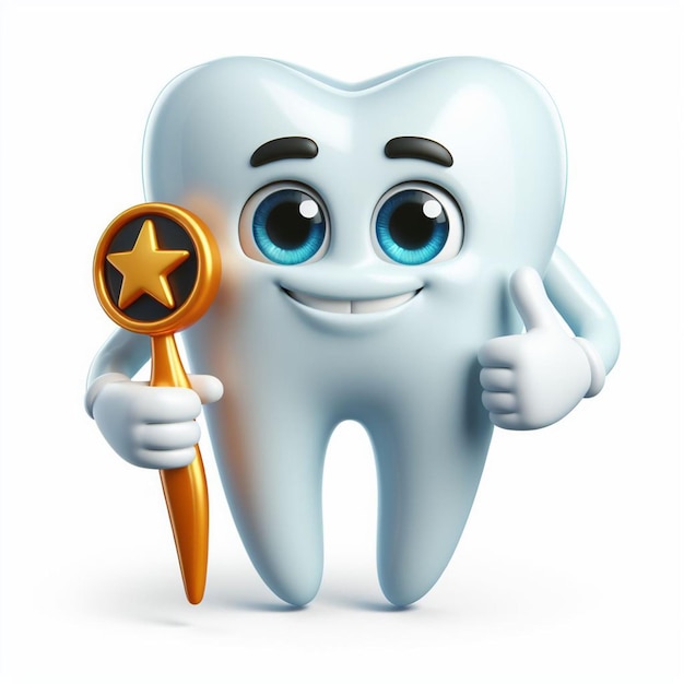 A tooth with a star and a gold toothbrush on a white background