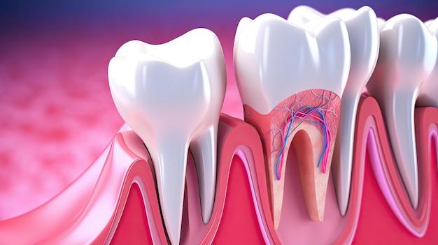 A tooth with a tooth and a pink background.