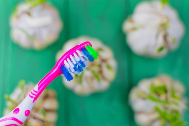 Toothbrush and garlic on a wooden green background