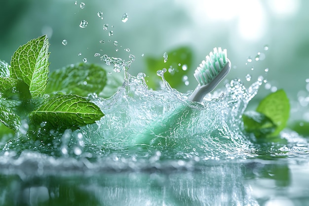 Photo a toothbrush splashes in water surrounded by mint leaves symbolizing freshness