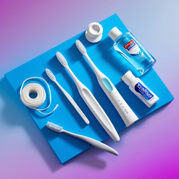 Photo toothbrush tongue cleaner floss toothpaste tube and mouthwash on blue background