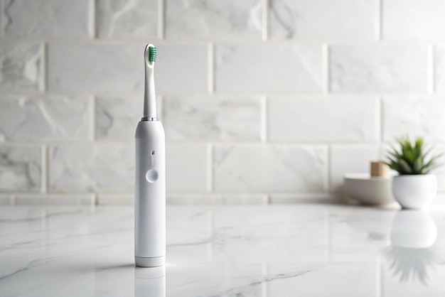 a toothbrush with the letter e on it sits on a marble counter