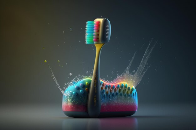 A toothbrush with a rainbow handle is in front of a dark background.