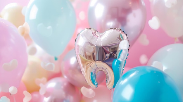 Toothshaped foil balloon against a pastel balloon backdrop for a first baby tooth celebration