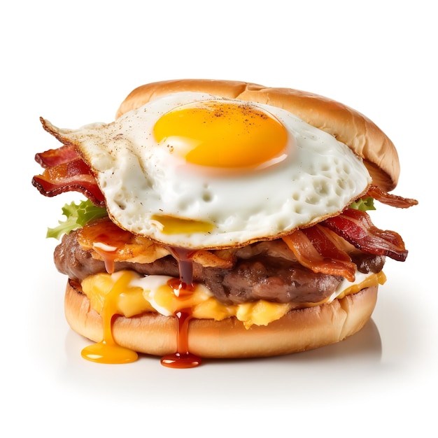 Toothsome Breakfast Fried Egg Burger isolated on White background