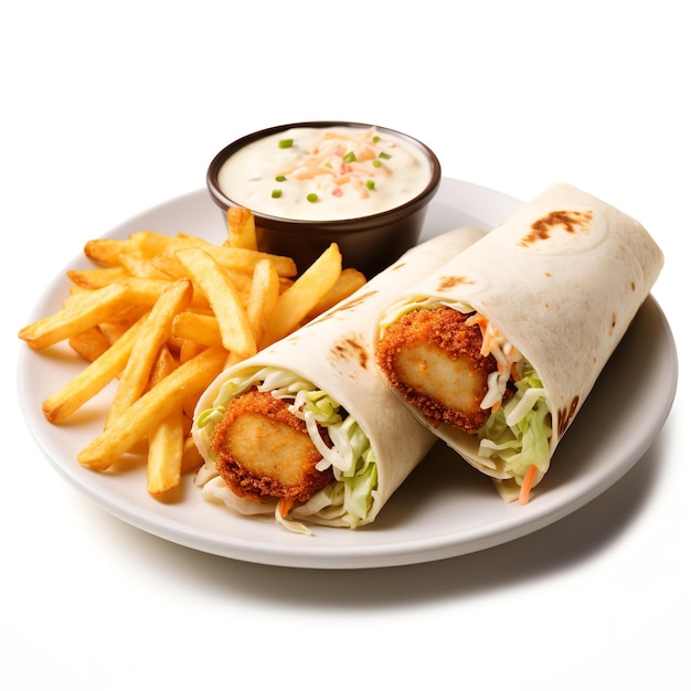 Toothsome Chicken Tenders and Mozzarella Sticks Wrap with Coleslaw isolated on white background