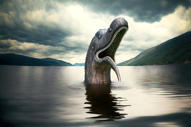 Toothy face of Loch Ness monster of legend of Great Britain